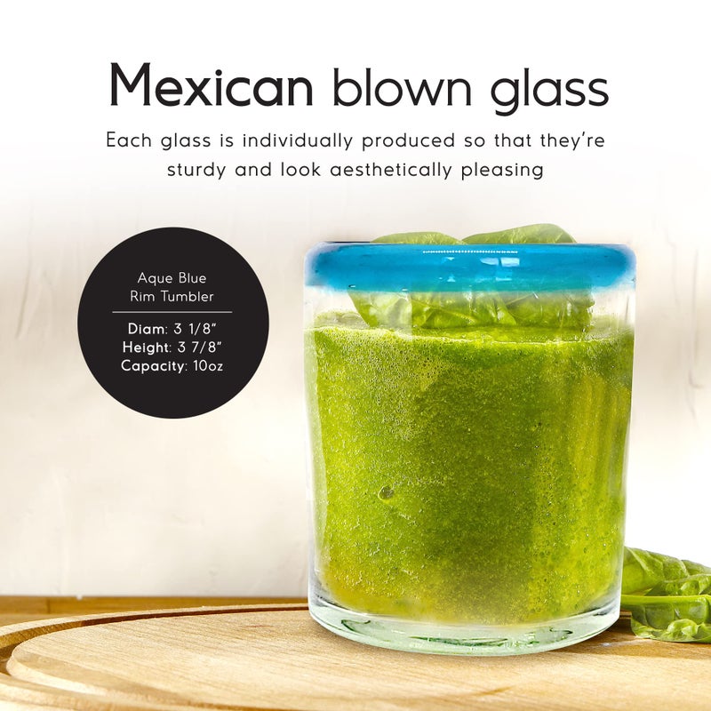 MexHandcraft Aqua Blue Rim 10 oz Tumbler Glasses (set of 6) Mexican Handmade Glassware, Recycled Glass, Lead-free, Toxin-Free (Tumbler) - Image 2